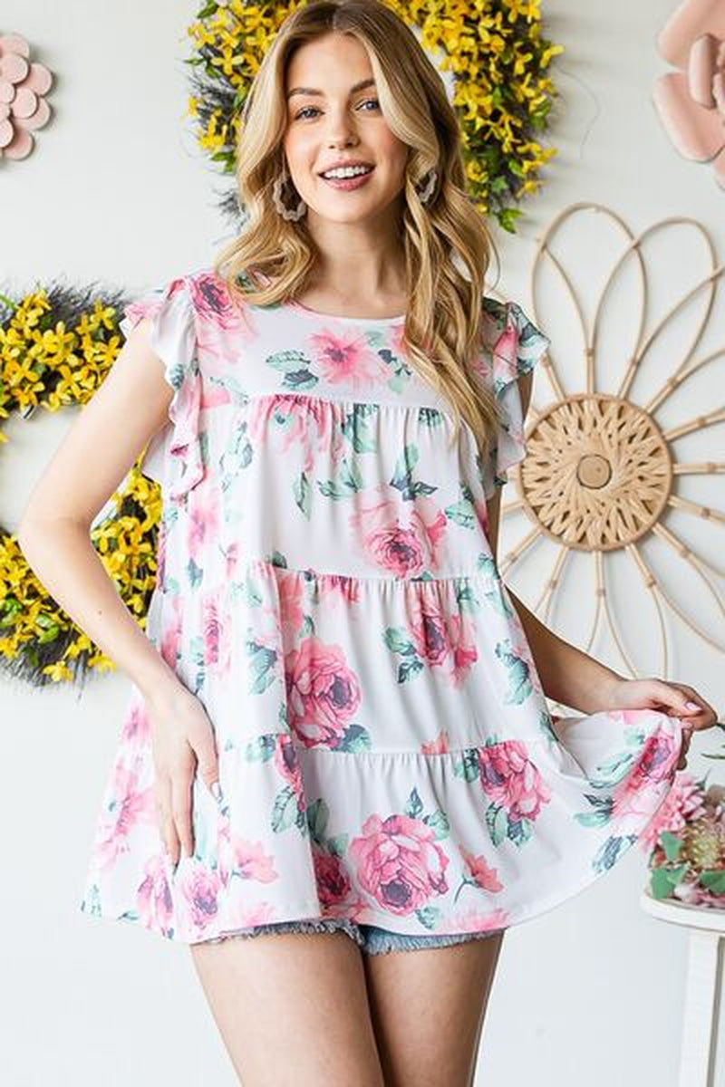 Heimish Full Size Butterfly Short Sleeve round Neck Floral Print Tiered Top plus Size