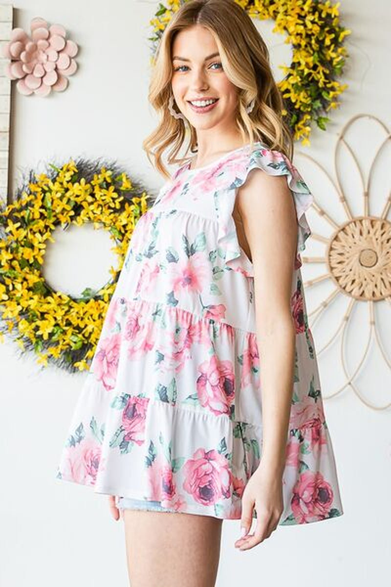Heimish Full Size Butterfly Short Sleeve round Neck Floral Print Tiered Top plus Size