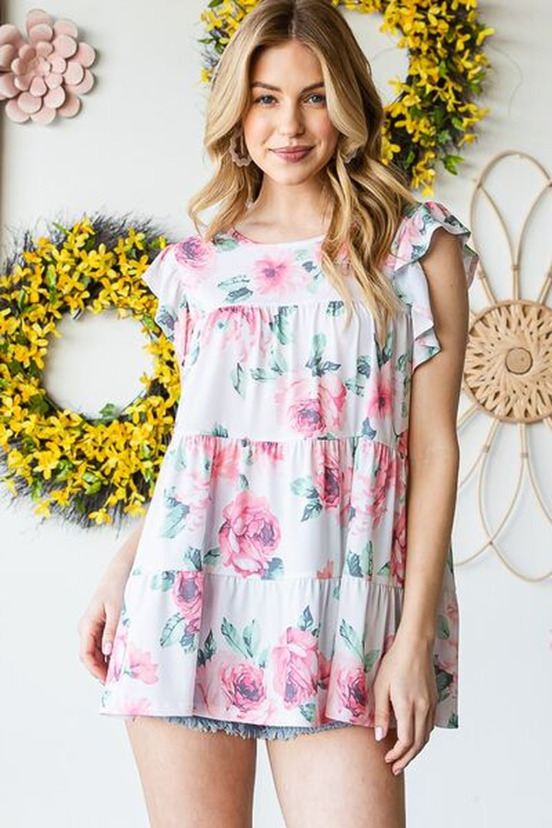 Heimish Full Size Butterfly Short Sleeve round Neck Floral Print Tiered Top plus Size