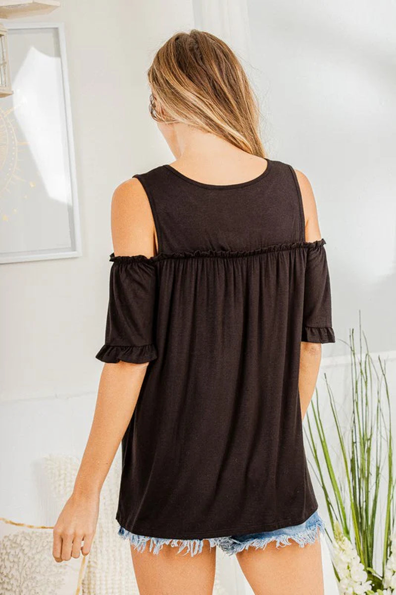 Heimish Full Size Frill round Neck Cold Shoulder T-Shirt plus Size