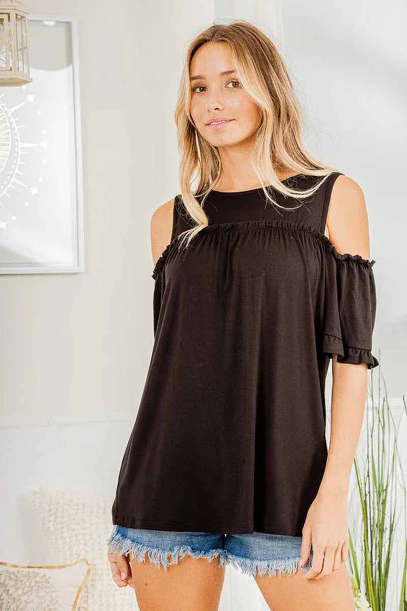 Heimish Full Size Frill round Neck Cold Shoulder T-Shirt plus Size