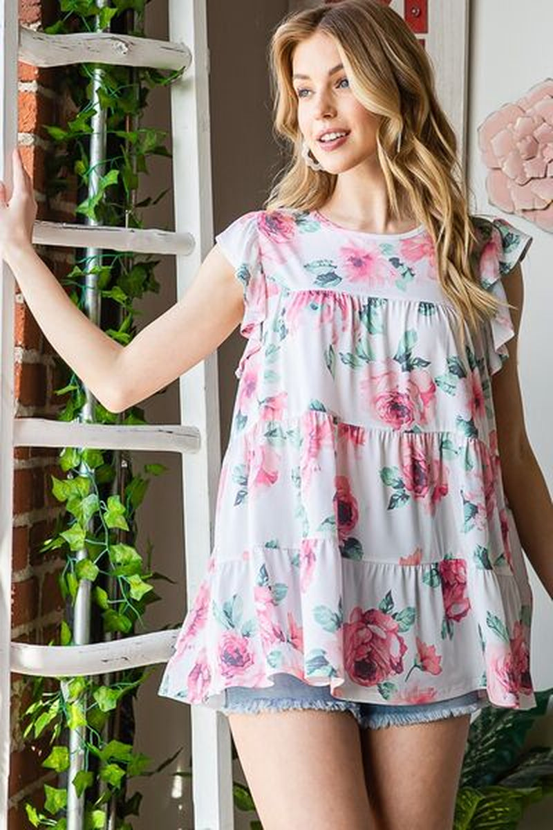 Heimish Full Size Butterfly Short Sleeve round Neck Floral Print Tiered Top plus Size