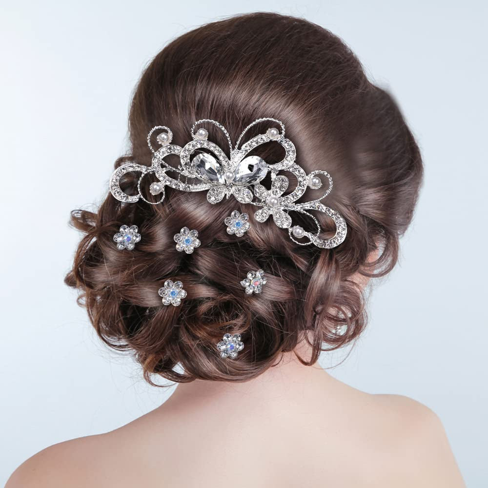 48 Pieces Wedding Hair Comb Hair Pins Set,  Faux Crystal Pearl Bridal Hair Accessories, Rhinestone Bridal Side Combs U-Shaped Butterfly Flower Hair Clips for Women Girls