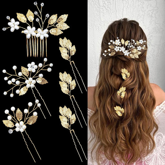 6 Pieces Wedding Hair Pins Gold Leaf Bridal Head Piece Crystal Pearl Floral Hair Accessories Vintage Wedding Hair Clips for Bridesmaids Brides Women Girls