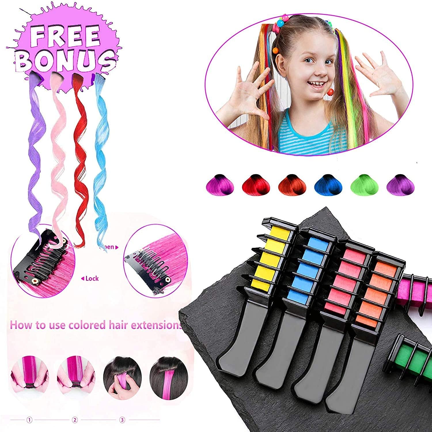 Hair Chalk - New Hair Chalk Comb Temporary Bright Washable Hair Color Dye for Girls Kids with Hair Extensions Clips - Birthday Party Christmas Gifts Toys for Girls Kids Age 6-8-10-12 Years Old