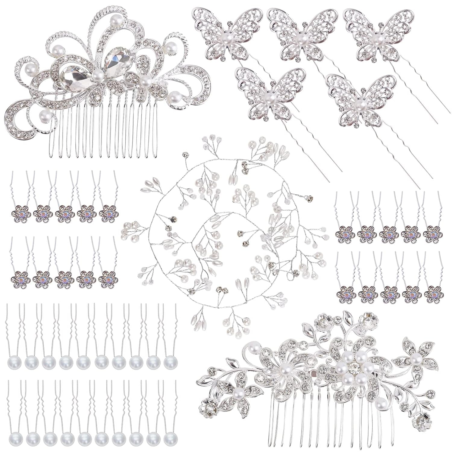48 Pieces Wedding Hair Comb Hair Pins Set,  Faux Crystal Pearl Bridal Hair Accessories, Rhinestone Bridal Side Combs U-Shaped Butterfly Flower Hair Clips for Women Girls