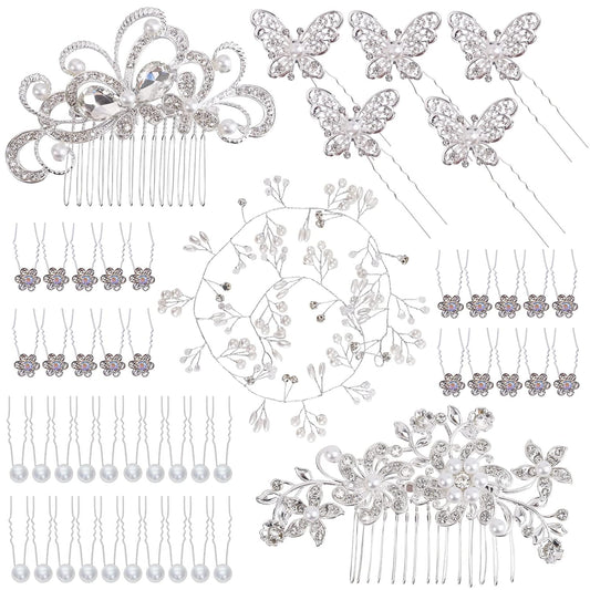 48 Pieces Wedding Hair Comb Hair Pins Set,  Faux Crystal Pearl Bridal Hair Accessories, Rhinestone Bridal Side Combs U-Shaped Butterfly Flower Hair Clips for Women Girls