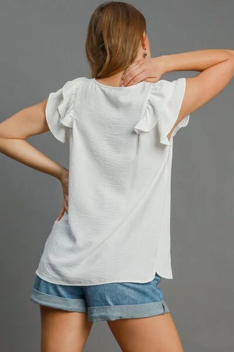 Umgee Full Size V-Neck Double Layered Ruffle Sleeve Blouse plus Size