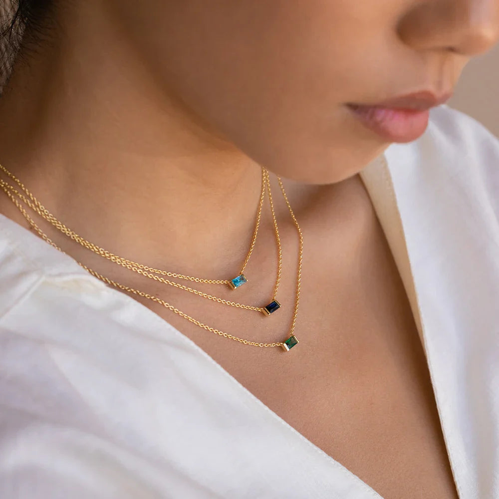 Dainty Baguette Birthstone CZ Charm Necklace