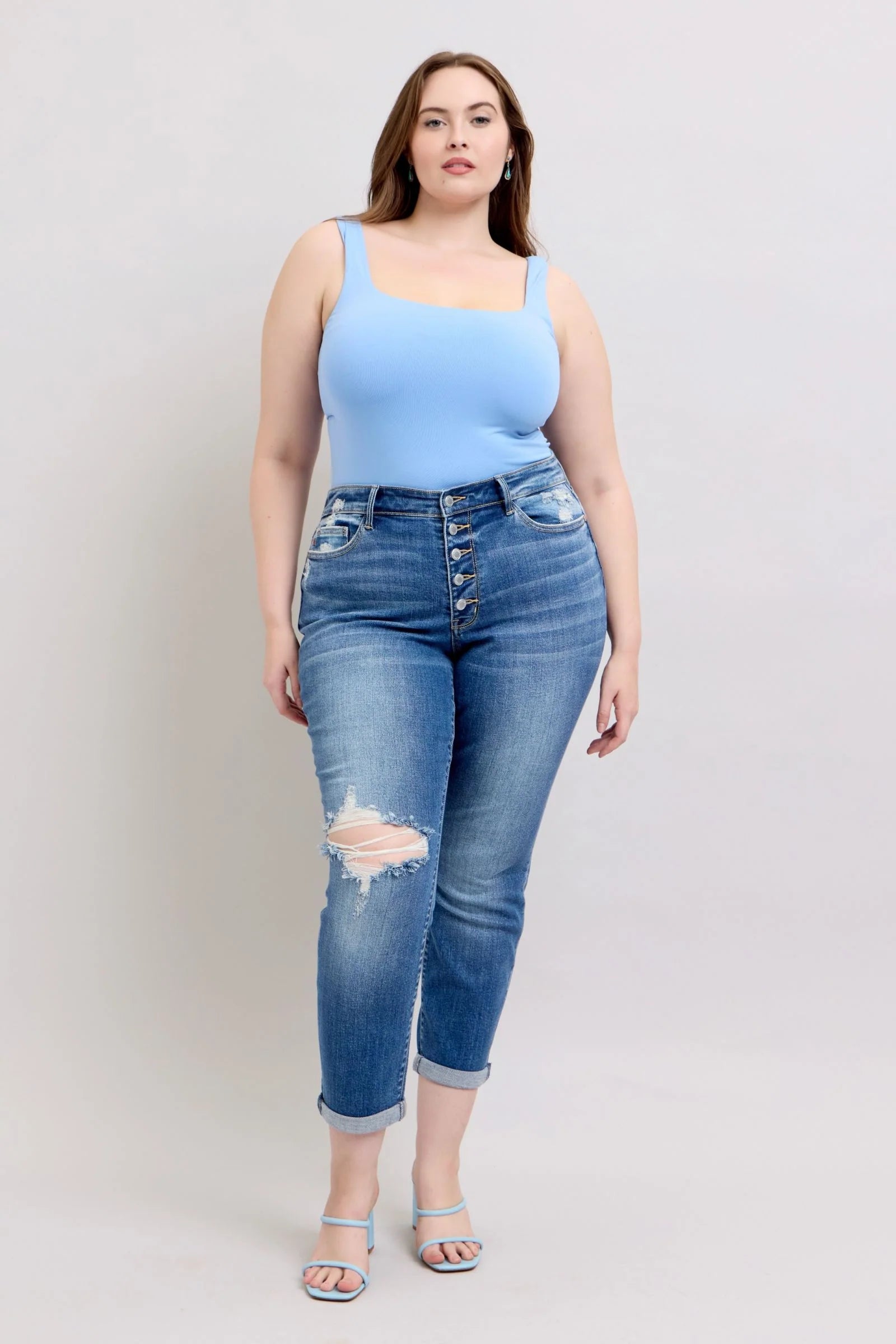 Judy Blue Full Size Button Fly Distressed Jeans with Pockets plus Size
