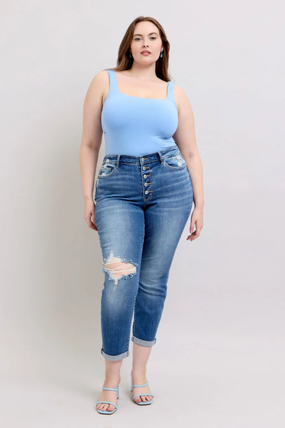 Judy Blue Full Size Button Fly Distressed Jeans with Pockets plus Size
