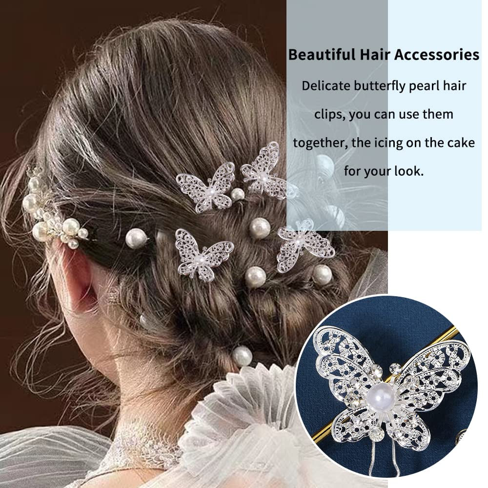 48 Pieces Wedding Hair Comb Hair Pins Set,  Faux Crystal Pearl Bridal Hair Accessories, Rhinestone Bridal Side Combs U-Shaped Butterfly Flower Hair Clips for Women Girls