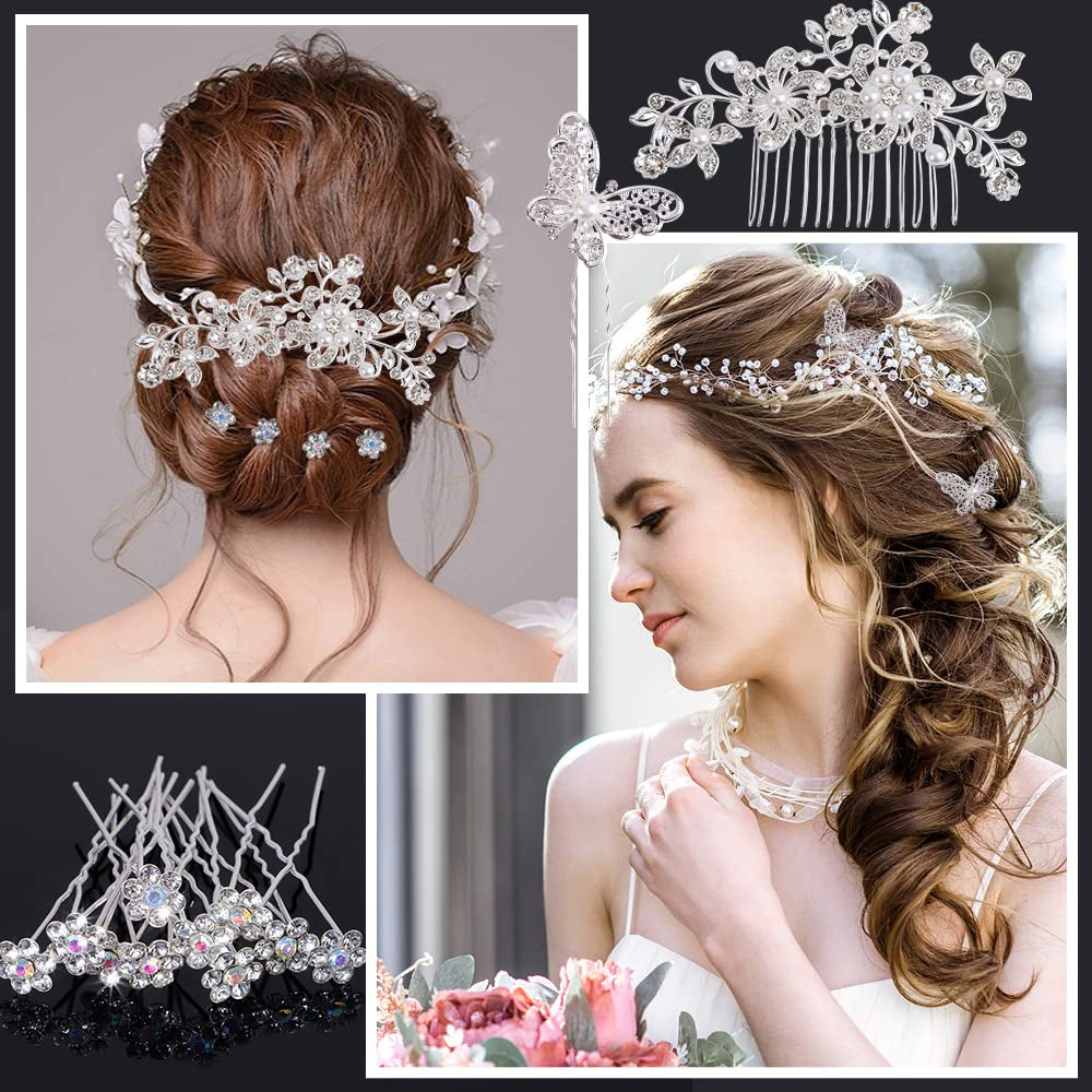 48 Pieces Wedding Hair Comb Hair Pins Set,  Faux Crystal Pearl Bridal Hair Accessories, Rhinestone Bridal Side Combs U-Shaped Butterfly Flower Hair Clips for Women Girls