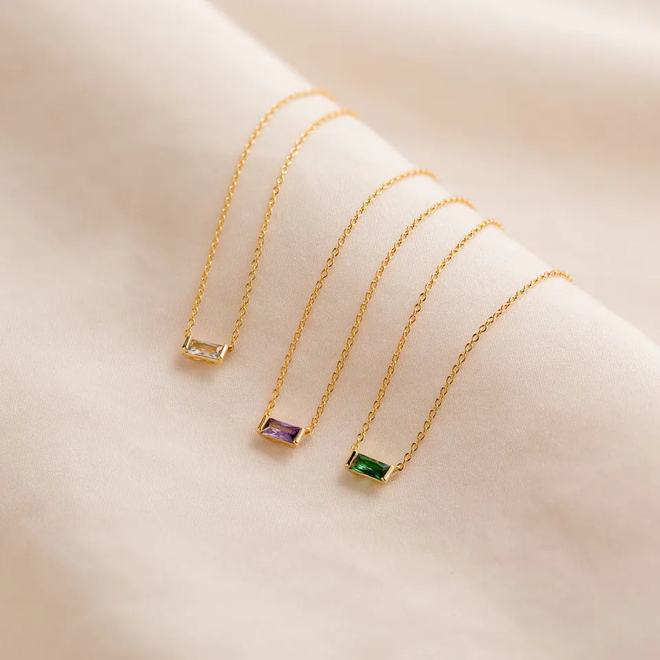 Dainty Baguette Birthstone CZ Charm Necklace