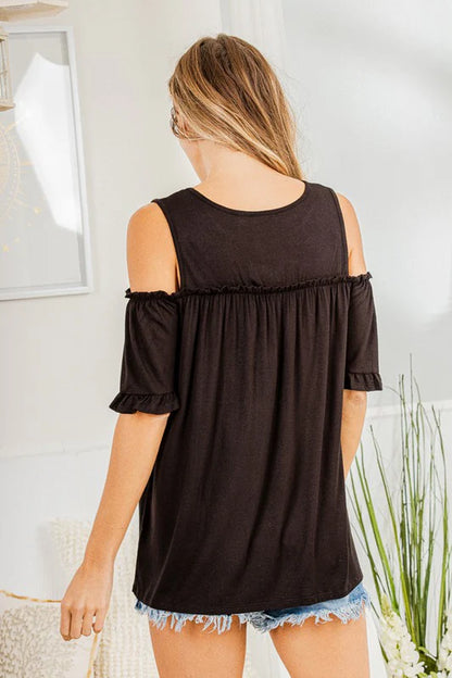 Heimish Full Size Frill round Neck Cold Shoulder T-Shirt plus Size