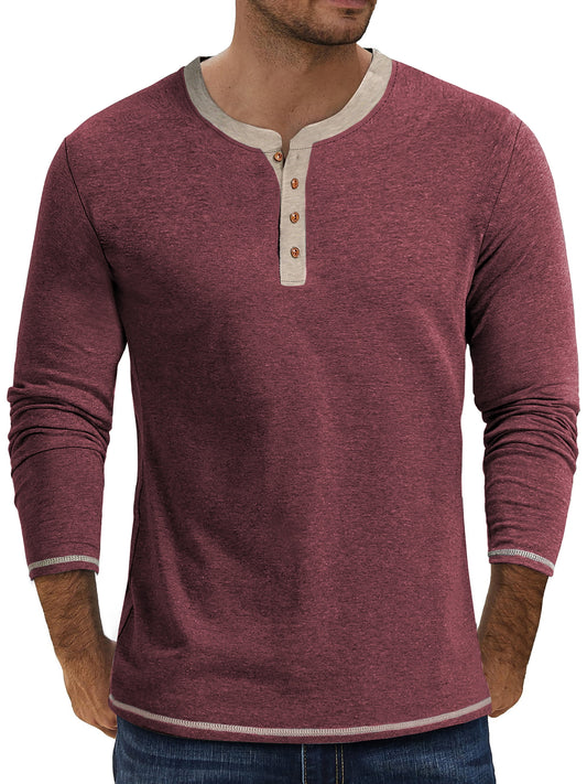 Crew Neck Henley Men Shirts Long Sleeve Shirts for Men Casual Color Block Tops