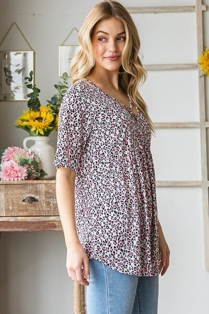 Heimish Full Size Short Sleeve Crisscross Animal Babydoll Top plus Size