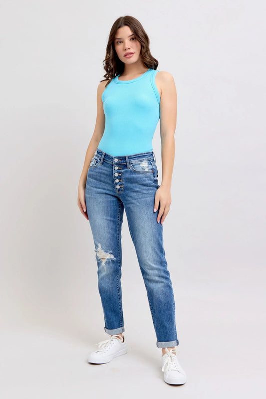 Judy Blue Full Size Button Fly Distressed Jeans with Pockets plus Size