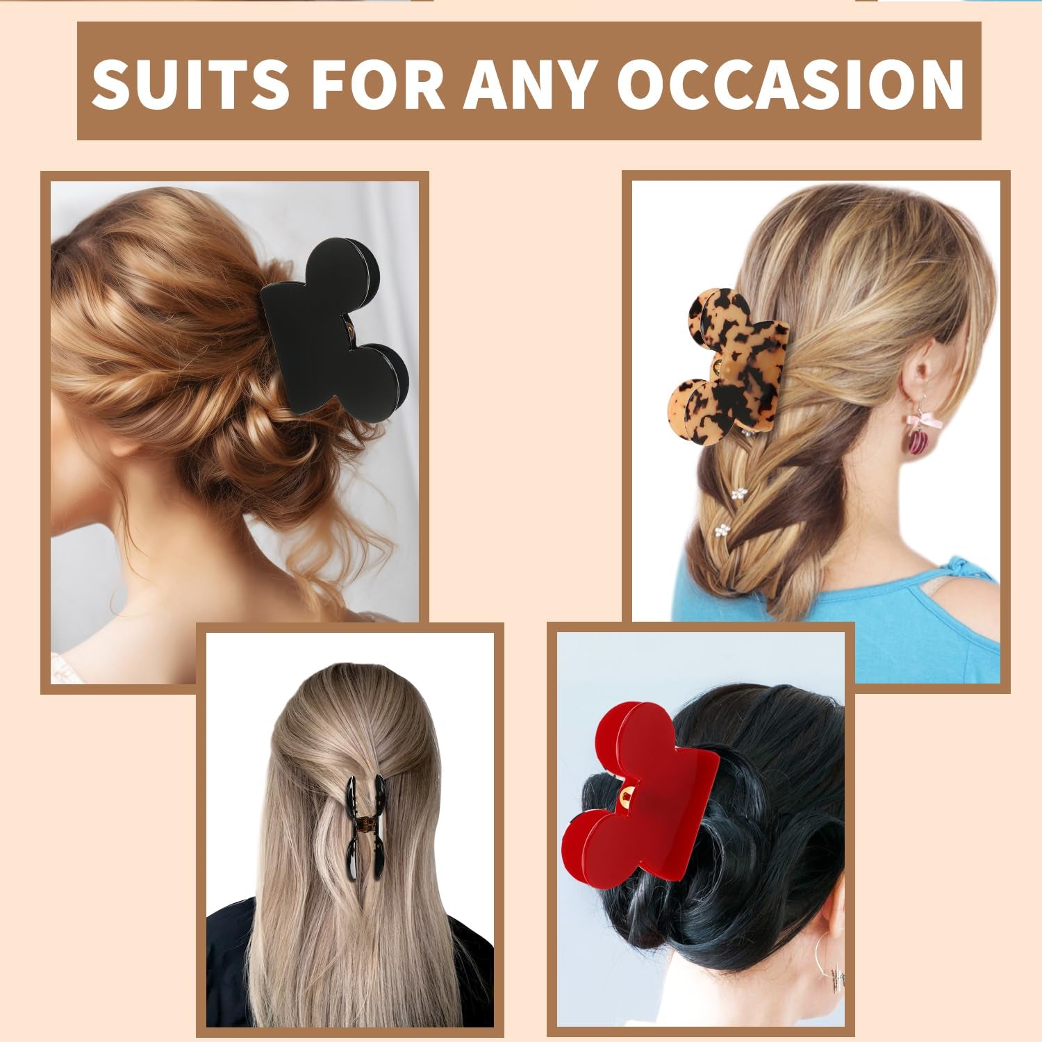 Mouse Ears Hair Claw Clips,  3Pcs Acrylic Mouse Head Hair Clips for Thin Medium Curly Hair Lady Bear Non-Slip Hair Catch Barrette Strong Hold Jaw Clamp Women Fashion Hair Styling Accessories
