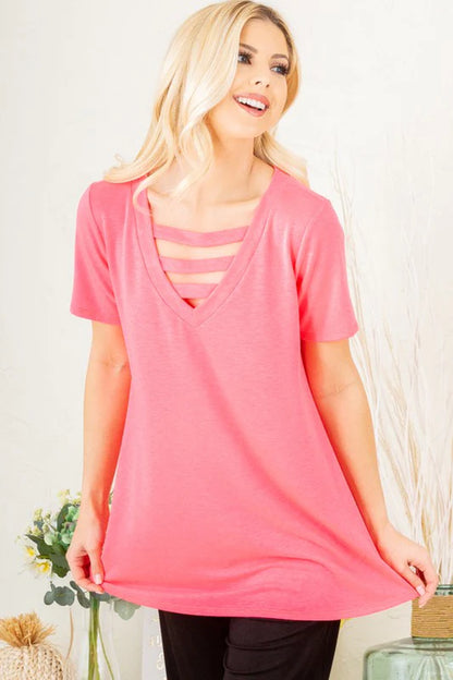 Heimish Full Size V-Neck Short Sleeve T-Shirt with Bar Detail plus Size