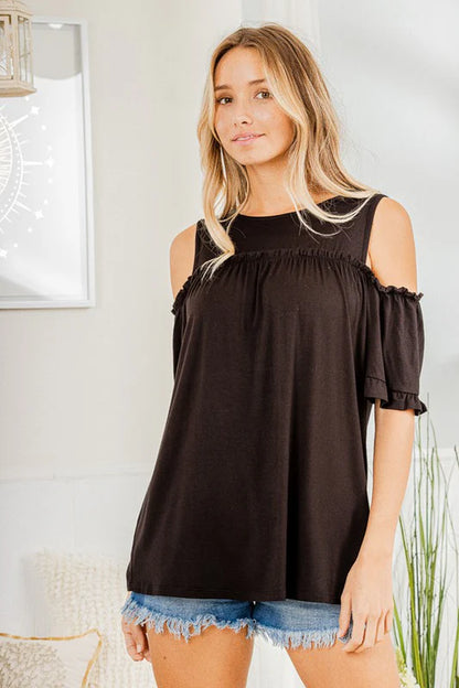 Heimish Full Size Frill round Neck Cold Shoulder T-Shirt plus Size