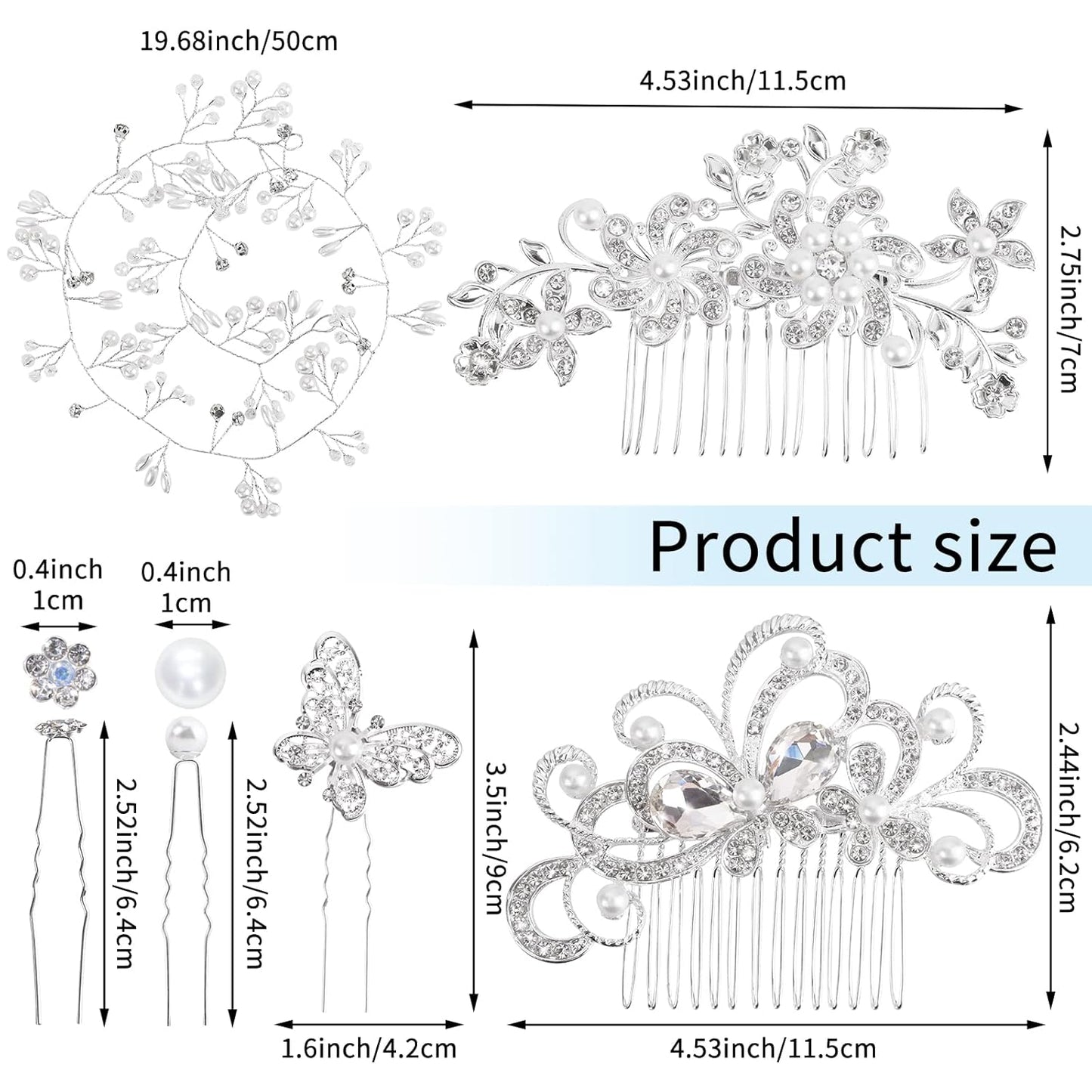 48 Pieces Wedding Hair Comb Hair Pins Set,  Faux Crystal Pearl Bridal Hair Accessories, Rhinestone Bridal Side Combs U-Shaped Butterfly Flower Hair Clips for Women Girls