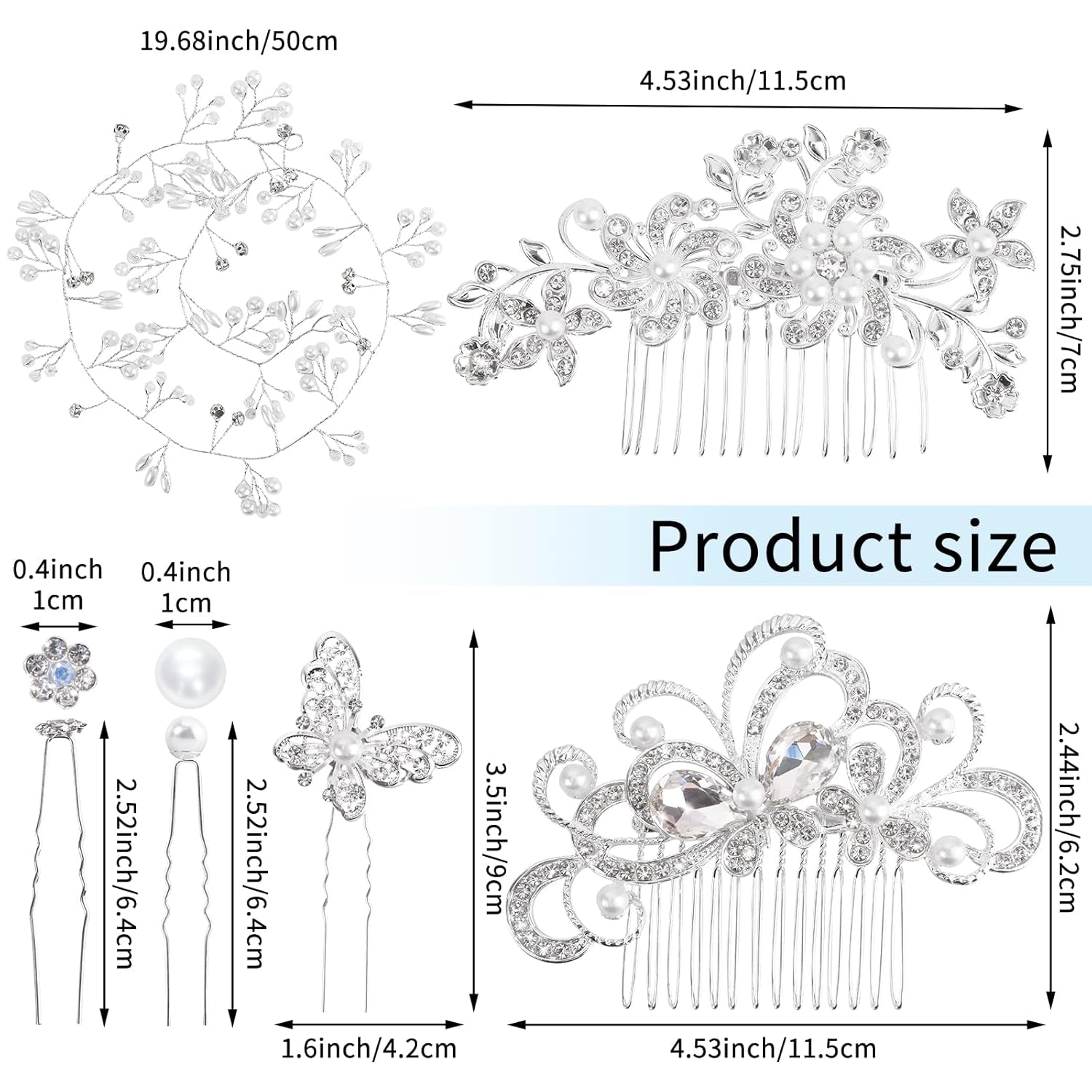 48 Pieces Wedding Hair Comb Hair Pins Set,  Faux Crystal Pearl Bridal Hair Accessories, Rhinestone Bridal Side Combs U-Shaped Butterfly Flower Hair Clips for Women Girls