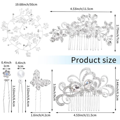 48 Pieces Wedding Hair Comb Hair Pins Set,  Faux Crystal Pearl Bridal Hair Accessories, Rhinestone Bridal Side Combs U-Shaped Butterfly Flower Hair Clips for Women Girls