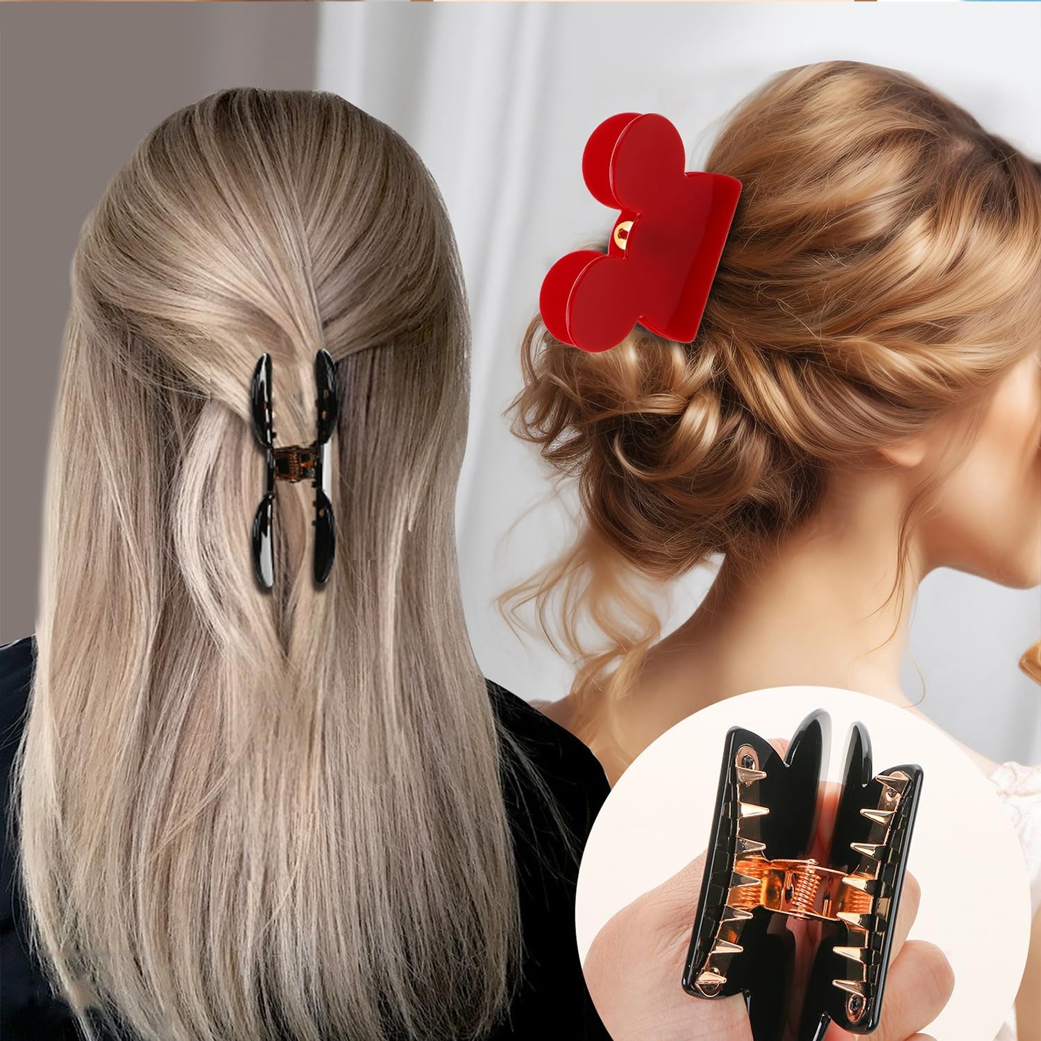 Mouse Ears Hair Claw Clips,  3Pcs Acrylic Mouse Head Hair Clips for Thin Medium Curly Hair Lady Bear Non-Slip Hair Catch Barrette Strong Hold Jaw Clamp Women Fashion Hair Styling Accessories