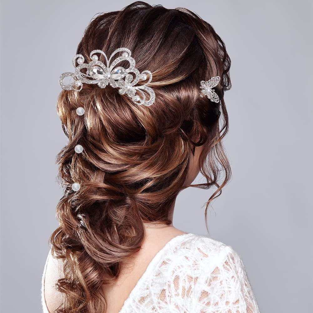 48 Pieces Wedding Hair Comb Hair Pins Set,  Faux Crystal Pearl Bridal Hair Accessories, Rhinestone Bridal Side Combs U-Shaped Butterfly Flower Hair Clips for Women Girls