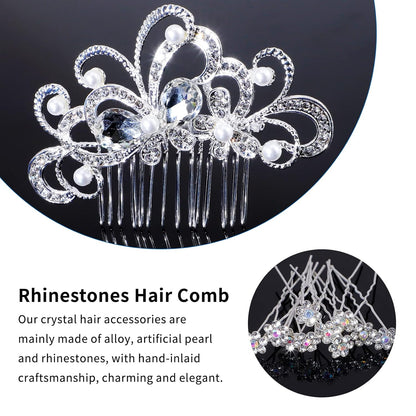 48 Pieces Wedding Hair Comb Hair Pins Set,  Faux Crystal Pearl Bridal Hair Accessories, Rhinestone Bridal Side Combs U-Shaped Butterfly Flower Hair Clips for Women Girls