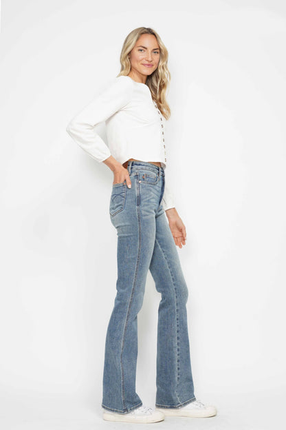 Judy Blue Full Size Tummy Control Back Embroidered Pocketed Bootcut Jeans plus Size